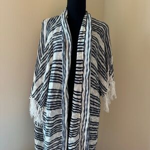 **SOLUTIONS!* White x Blue Open-Front Drill Cardigan Sweater Size S/M